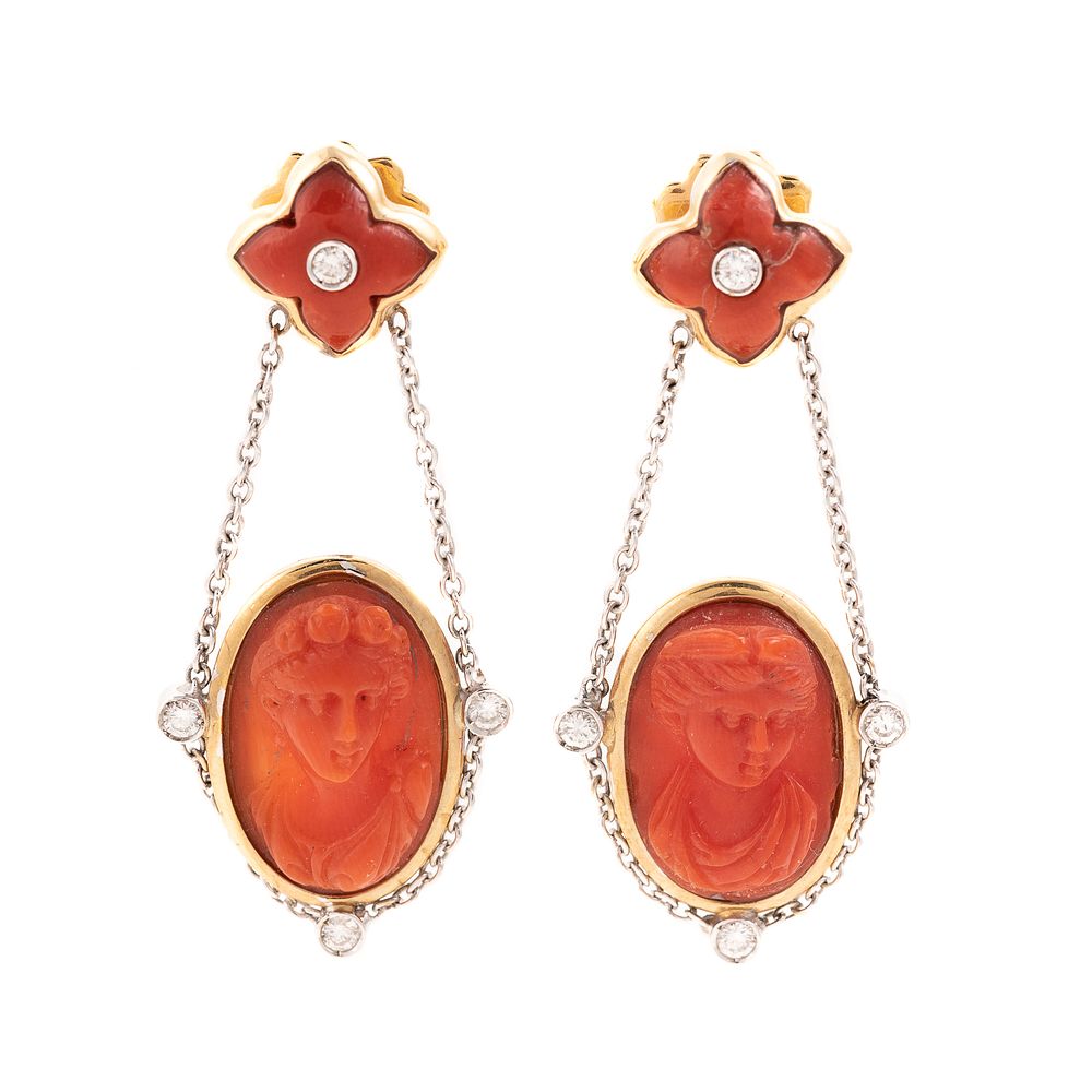 Appraisal: A Pair of Coral Cameo Diamond Earrings in K K