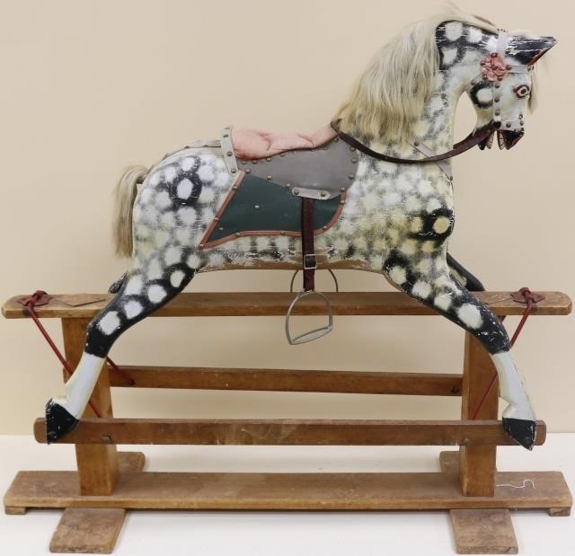 Appraisal: EARLY TH CENTURY ANTIQUE CARVED AND PAINTEDDAPPLED ROCKING HORSE WITH