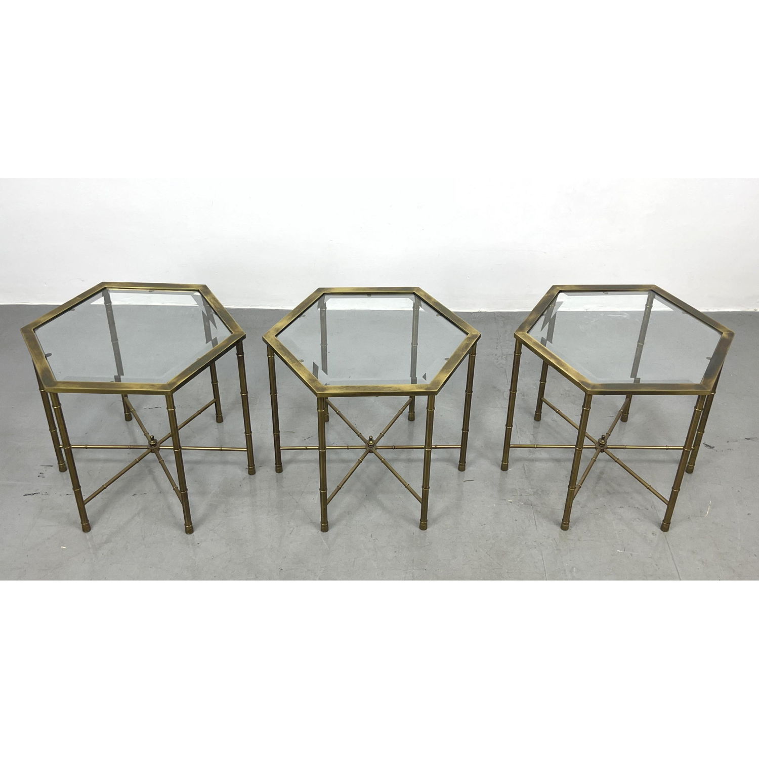 Appraisal: Set Hexagonal Brass and Glass Side Tables Faux Bamboo Legs