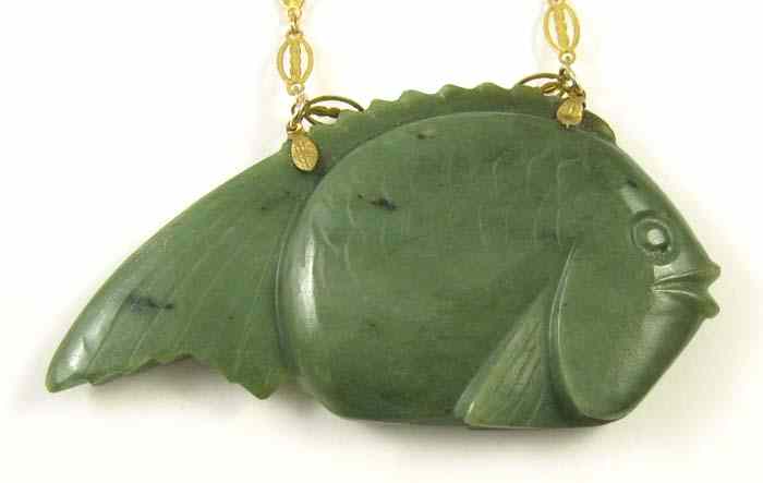 Appraisal: CHINESE GREEN JADE CARVED FISH '' by '' mounted as