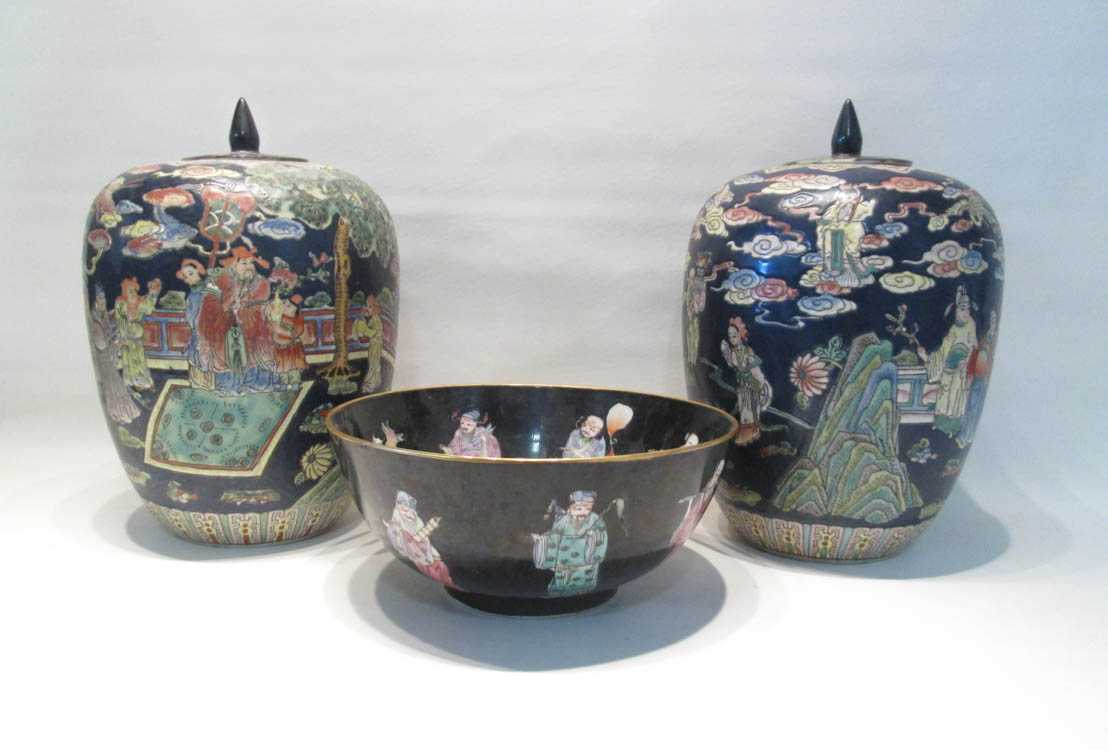 Appraisal: CHINESE PORCELAIN BOWL AND PAIR OF LIDDED URNS the centerpiece