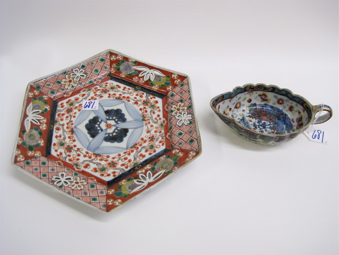 Appraisal: TWO JAPANESE IMARI PORCELAINS hexagonal serving plate with pierced rim