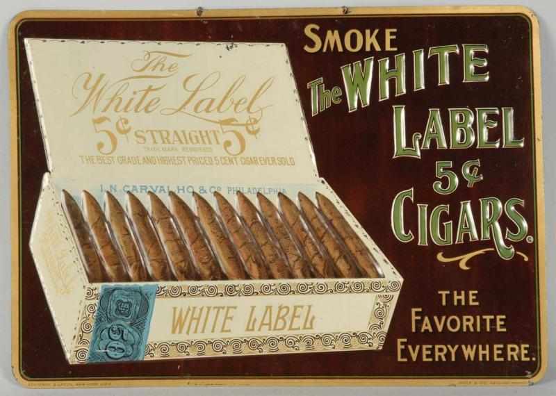 Appraisal: Embossed Tin White Label Cigar Advertising Sign Description Original hanger