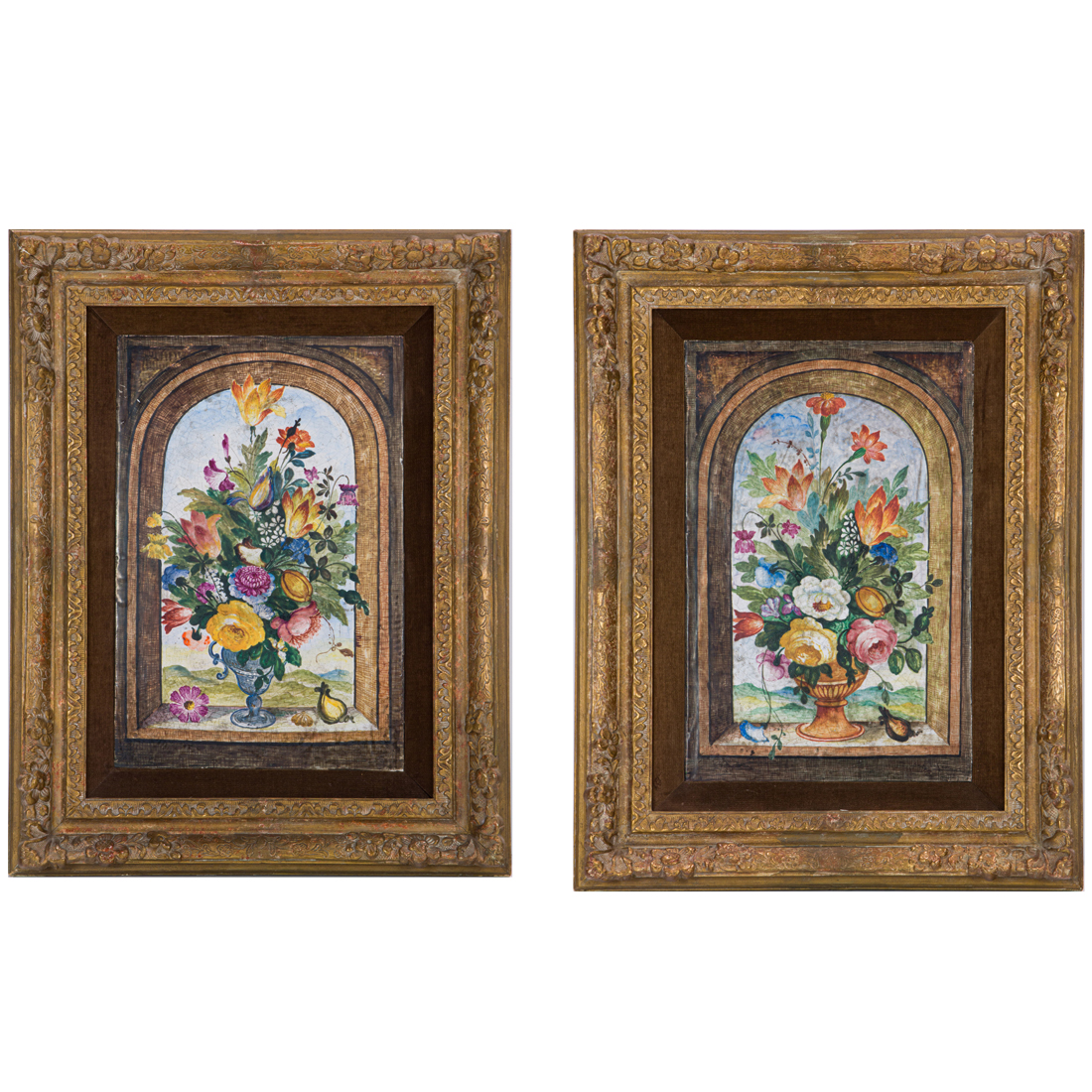 Appraisal: A PAIR OF ITALIAN POLYCHROME PAINTED PORCELAIN PANELS A pair