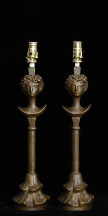 Appraisal: PAIR OF GIACOMETTI-STYLE BRONZE-PATINATED METAL LAMPS Each pole stem on