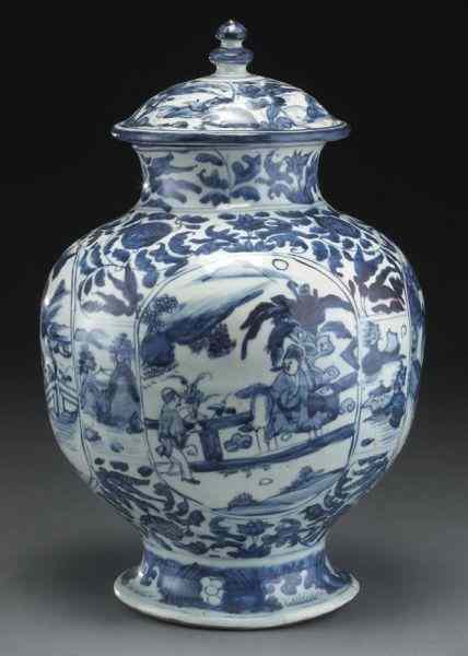 Appraisal: Chinese Ming blue and white porcelain jardepicting four scholars Repairs