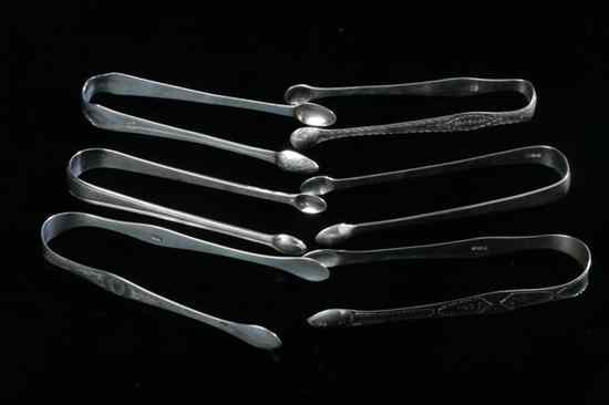 Appraisal: SIX GEORGE III SILVER SUGAR TONGS Makers including Peter and