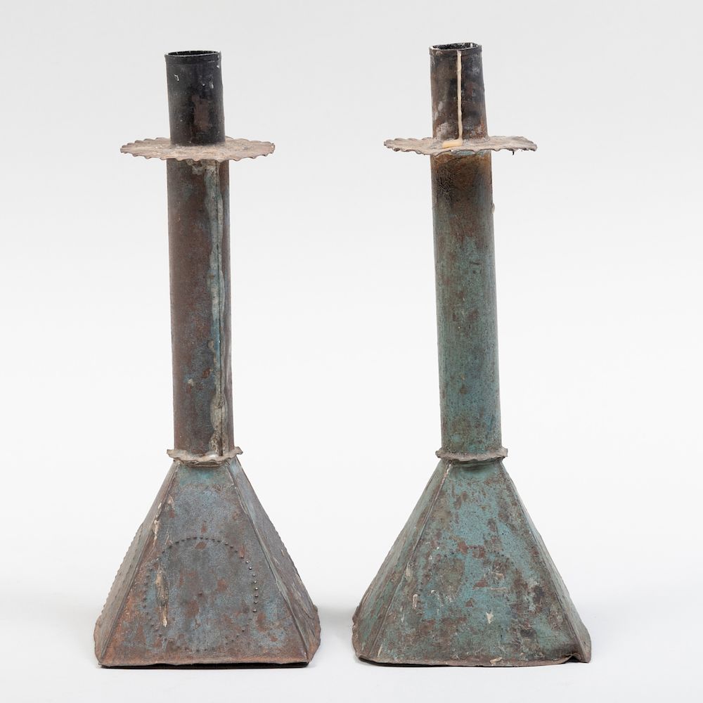 Appraisal: Pair of American Blue Painted Tin Candlesticks with Punch Decoration