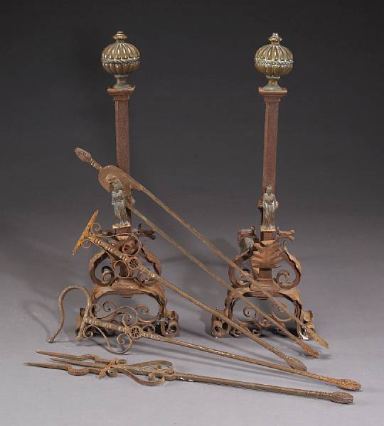 Appraisal: A set of Renaissance style bronze and iron andirons and