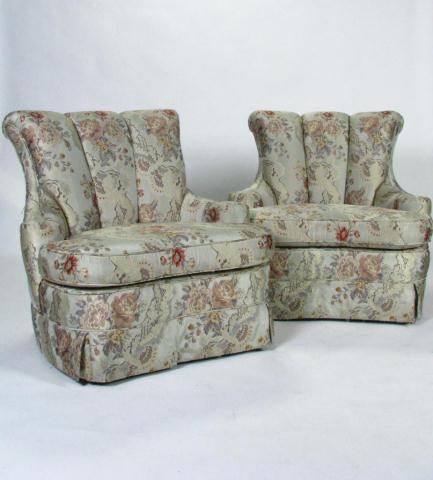 Appraisal: Pair decorator boudoir chairs custom-made with floral silk upholstery channel