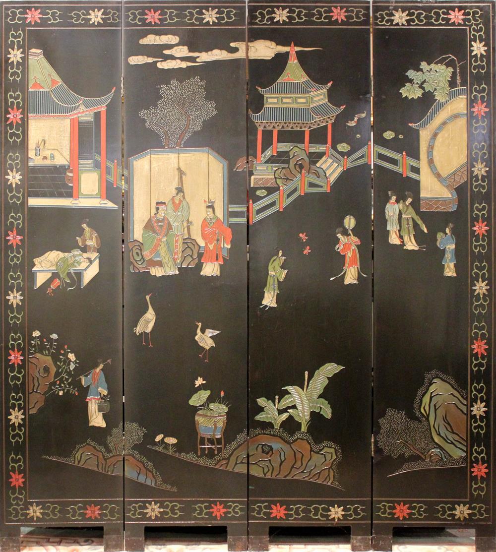 Appraisal: CHINESE CARVED LACQUER FOUR-PANEL SCREEN the front of the screen