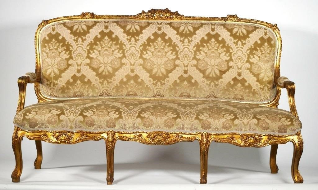 Appraisal: Settee gilt wood finish with newer brocade upholstery Rococo Louis