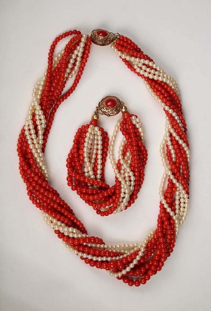 Appraisal: Red Coral Pearl Necklace Combo K Gold Red Coral Pearl