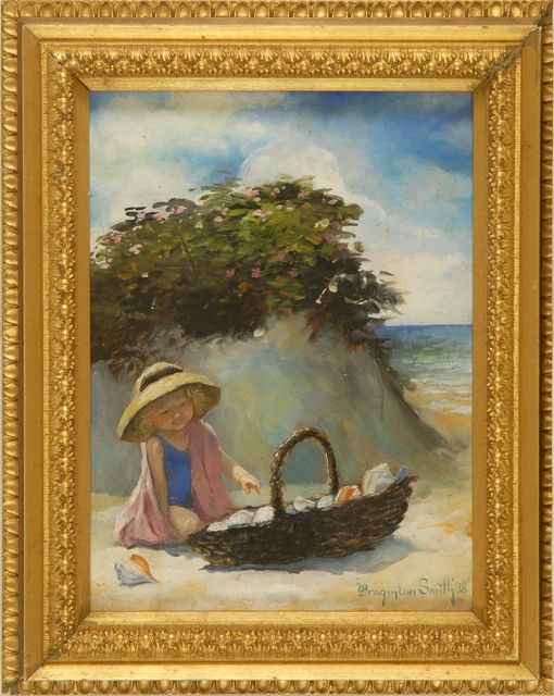 Appraisal: HEATHER BRAGINTON-SMITHAmerican ContemporaryLittle girl on the beach a basket of