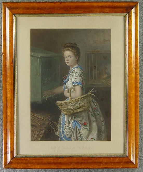 Appraisal: Hand Colored Engraving New Laid Eggs Young girl in floral