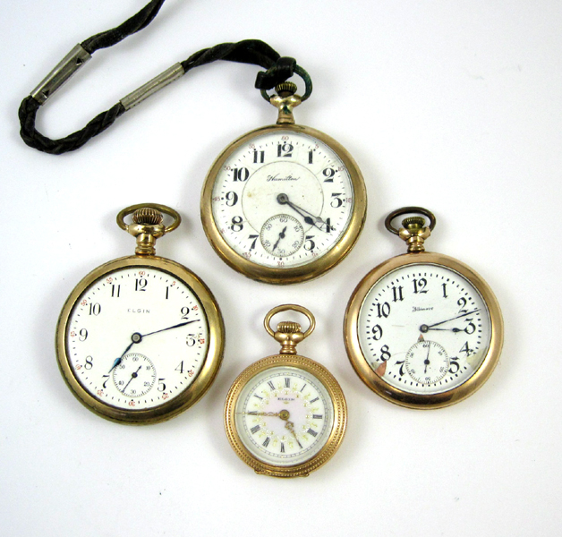 Appraisal: FOUR AMERICAN OPEN FACE POCKET WATCHES Elgin model grade size