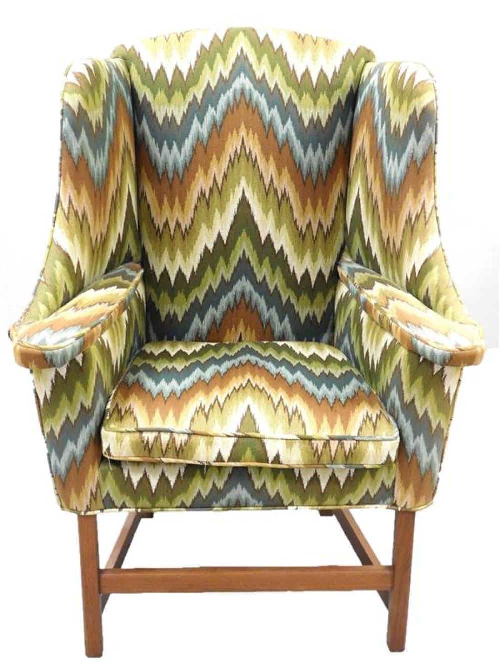 Appraisal: Reproduction country style wing chair with flame-stitch design upholstery in