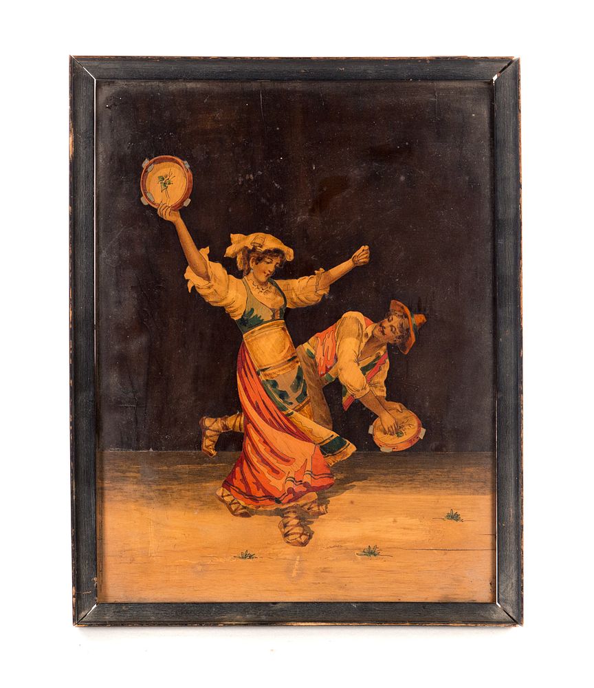 Appraisal: Marquetry Inlaid Wooden Plaque Dancing Gypsies Marquetry Inlaid Wooden Plaque