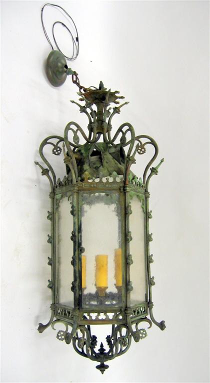 Appraisal: Large Continental patinated bronze lantern With a hexagonal glazed case