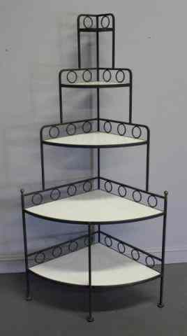 Appraisal: Midcentury Iron and Brass Corner Etagere With milk glass shelves