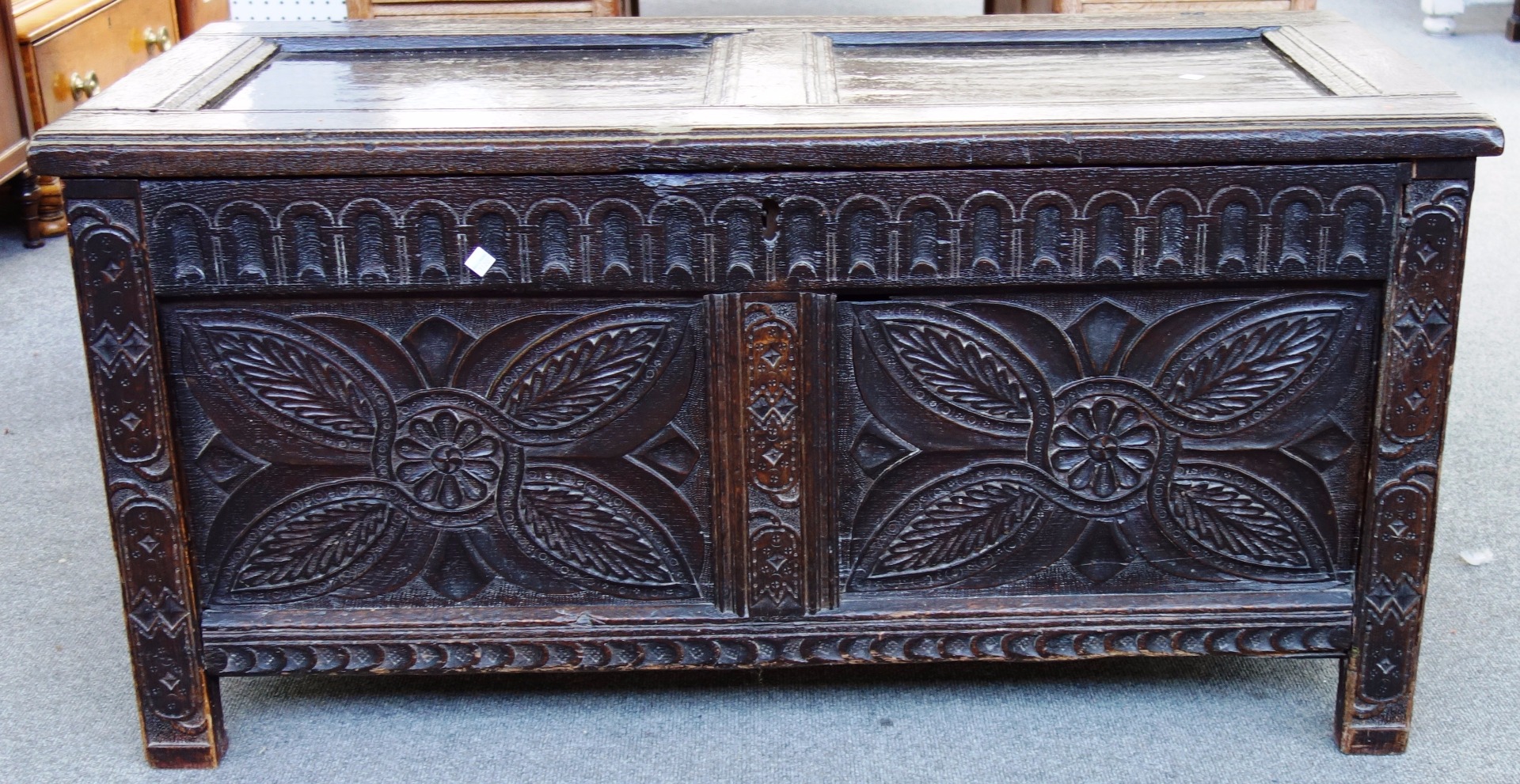 Appraisal: A th century oak coffer the double panel top over