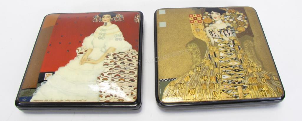 Appraisal: Two Gustav Klimt Russian Lacquer Boxes square hand painted lacquer