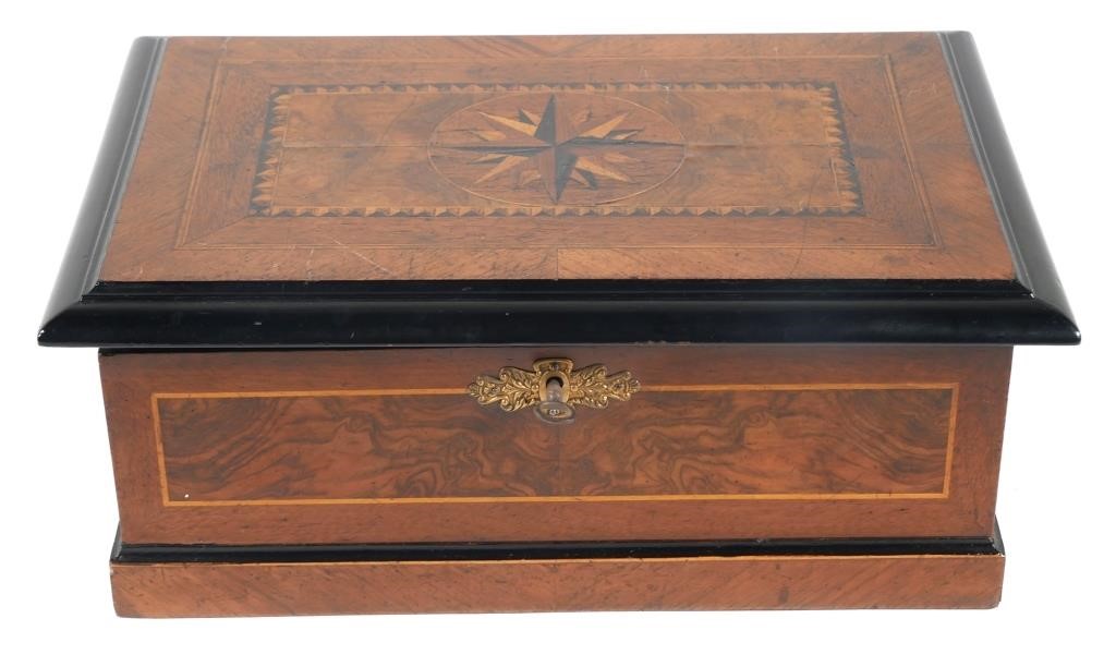 Appraisal: Ornate marquetry wood box with burl Inlay Box measures approx