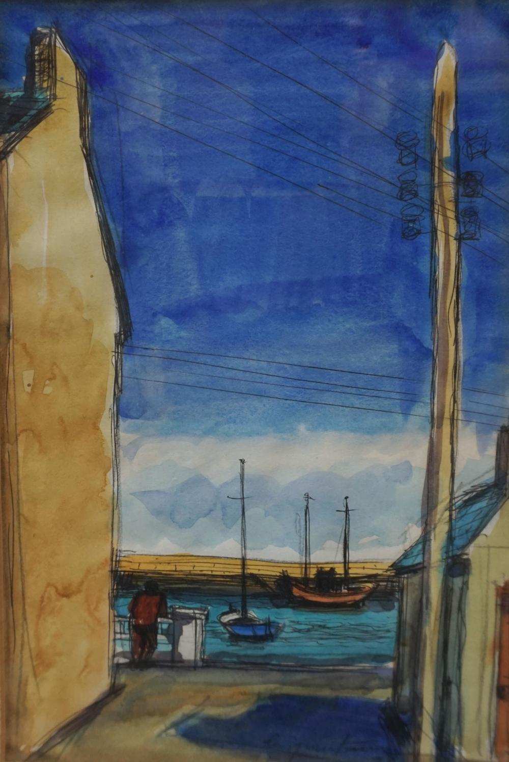 Appraisal: TH CENTURY SCHOOL DOCKED BOATS WATERCOLOR ON PAPER SIGNED LE