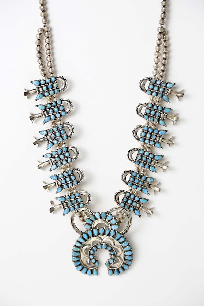 Appraisal: Victor Moses Begay Navajo Turquoise and Silver Squash Blossom Necklace