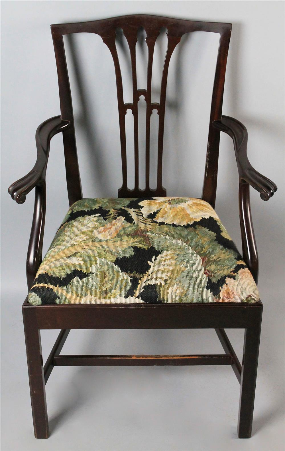 Appraisal: CHIPPENDALE SYTLE MAHOGANY ARMCHAIR having a slightly arched crest rail