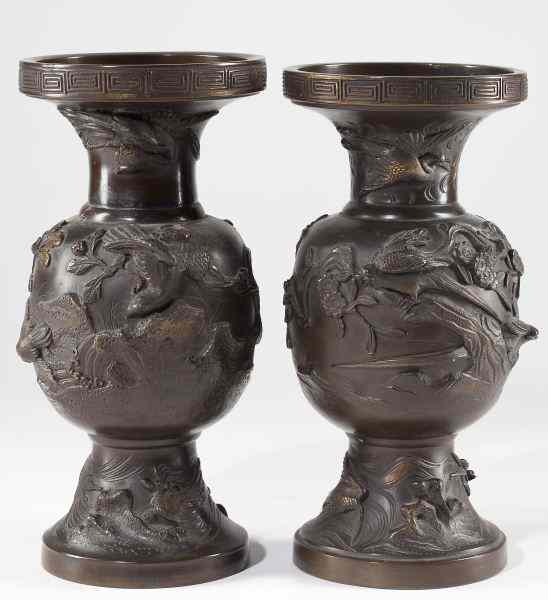 Appraisal: Pair of Japanese Bronze Vases th century unsigned with allover