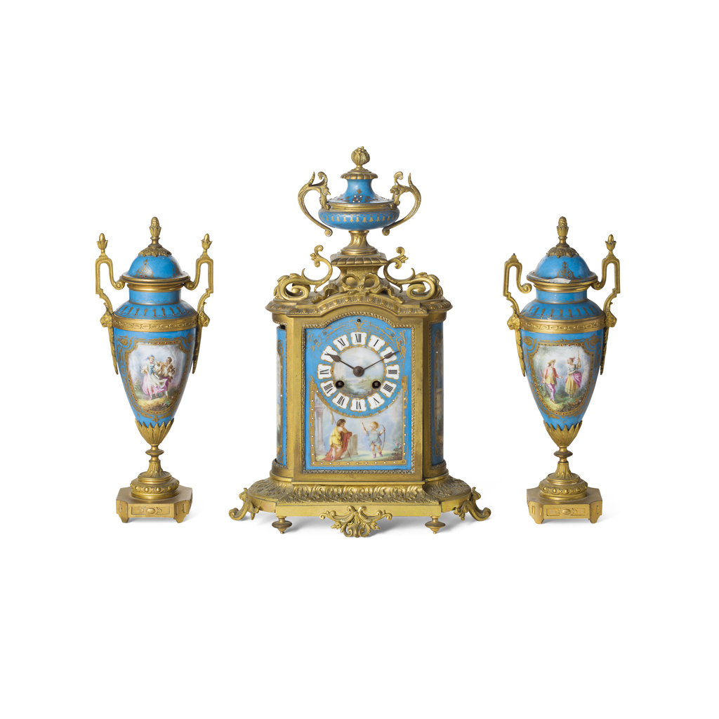 Appraisal: FRENCH GILT BRONZE AND PORCELAIN CLOCK GARNITURE LATE TH CENTURY