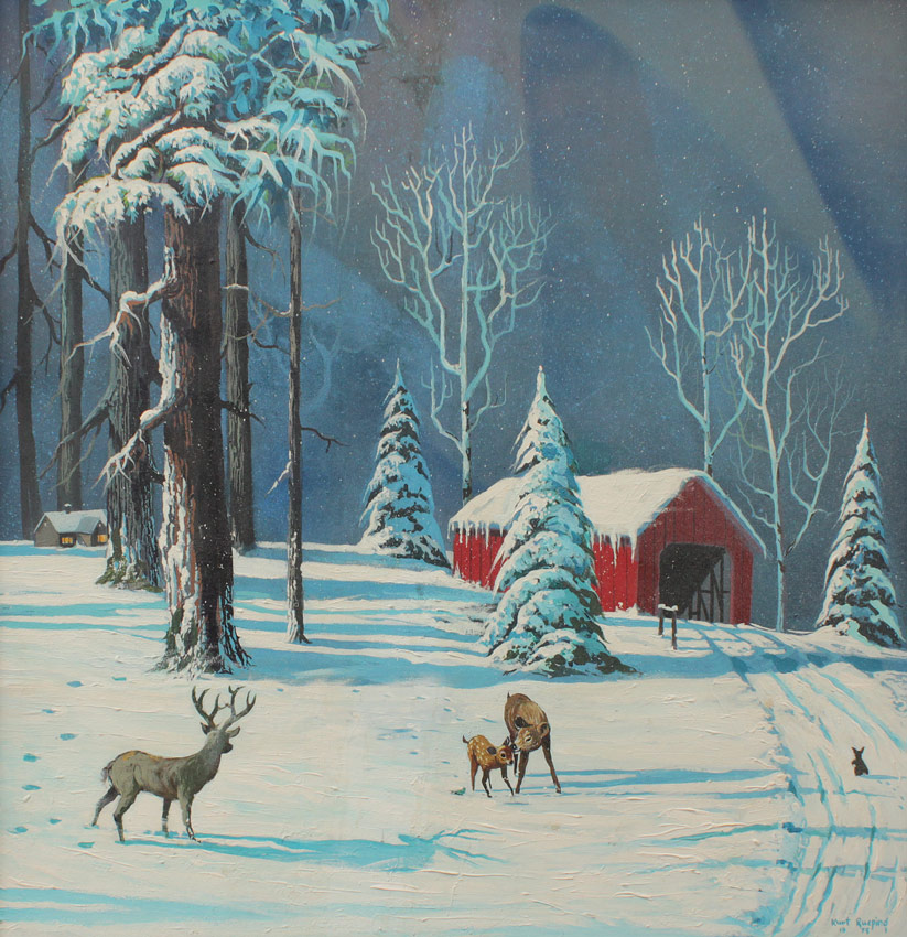 Appraisal: RUEPING Kurt American Deer Crossing Acrylic Masonite '' x ''