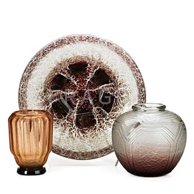 Appraisal: SCHNEIDER Two acid-etched vases and one Ikora flaring bowl by