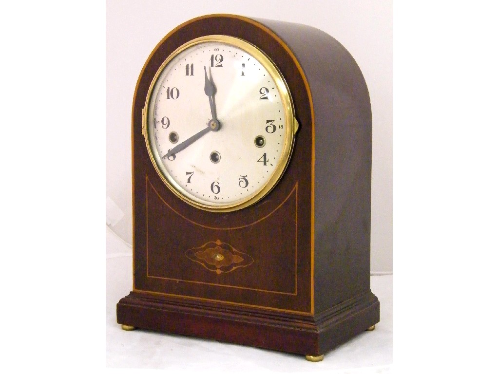 Appraisal: German mahogany three train mantel clock the movement striking on