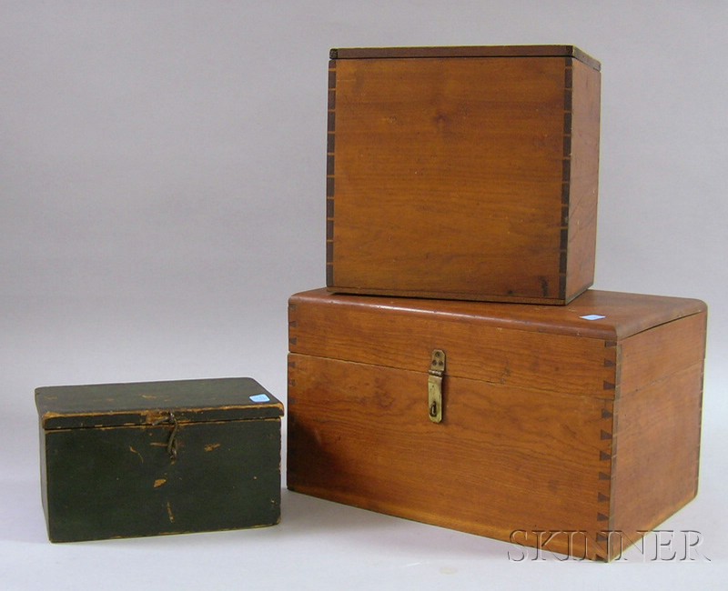 Appraisal: Three Small Wooden Boxes a green-painted lidded box with interior