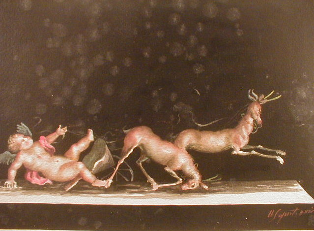 Appraisal: thC Continental School Crashing cherub charioteer with reindeer watercolour indistinctly