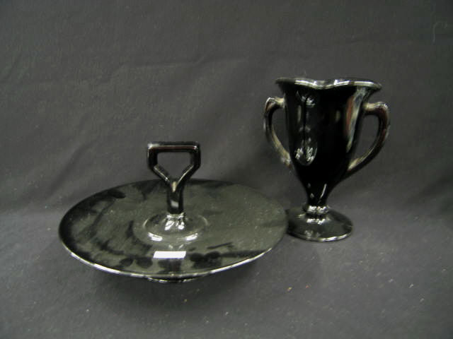 Appraisal: Pcs Black Amethyst Glass center handled server handled vase