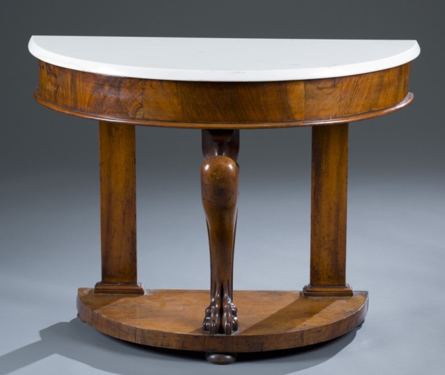 Appraisal: English Mahogany Marble-top Table English Demilune Table Mahogany and Veneers