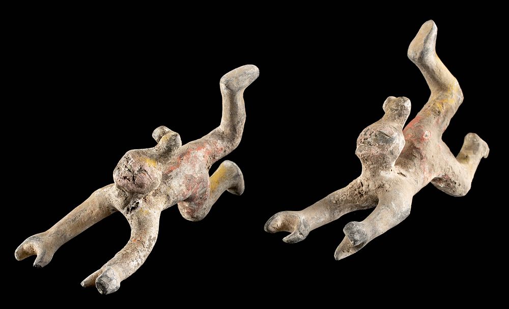 Appraisal: Pair of Chinese Han Painted Pottery Acrobats w TL Originally