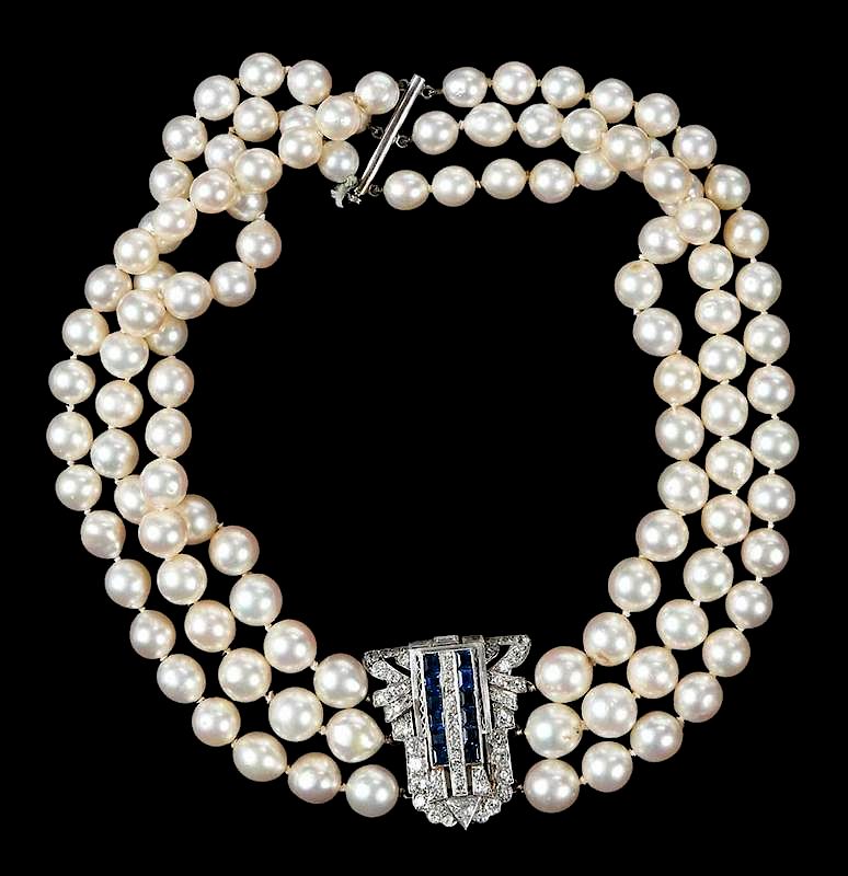 Appraisal: kt Gold Pearl and Sapphire Choker Necklace knotted triple strand