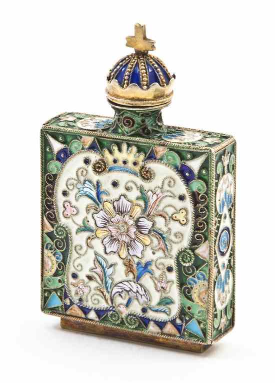 Appraisal: A Russian Silver Enameled Snuff Bottle Moscow having the second