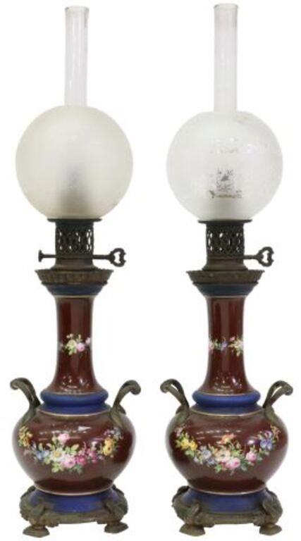 Appraisal: pair Glazed ceramic and metal kerosene oil lamps th c