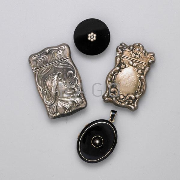 Appraisal: VICTORIAN MOURNING JEWELS AND TWO MATCH SAFES Condition Report