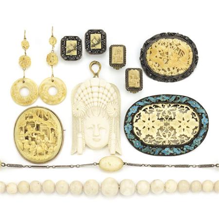 Appraisal: Group of Antique Ivory Jewelry and Coral Bead Necklace Estimate