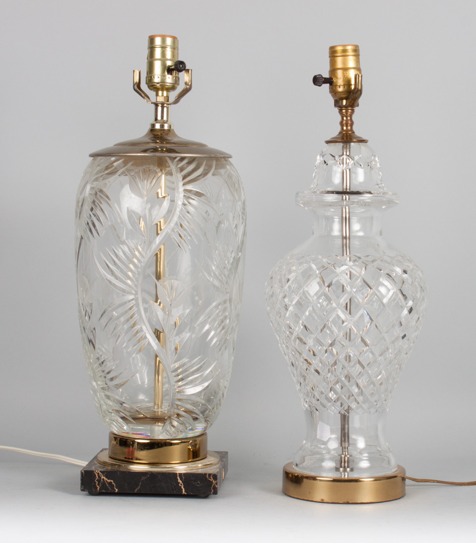 Appraisal: a Two Waterford crystal lamps brass-mounted floral etched crystal vase