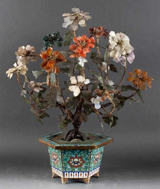 Appraisal: Chinese cloisonne enamel planter with a carved hardstone tree mounted