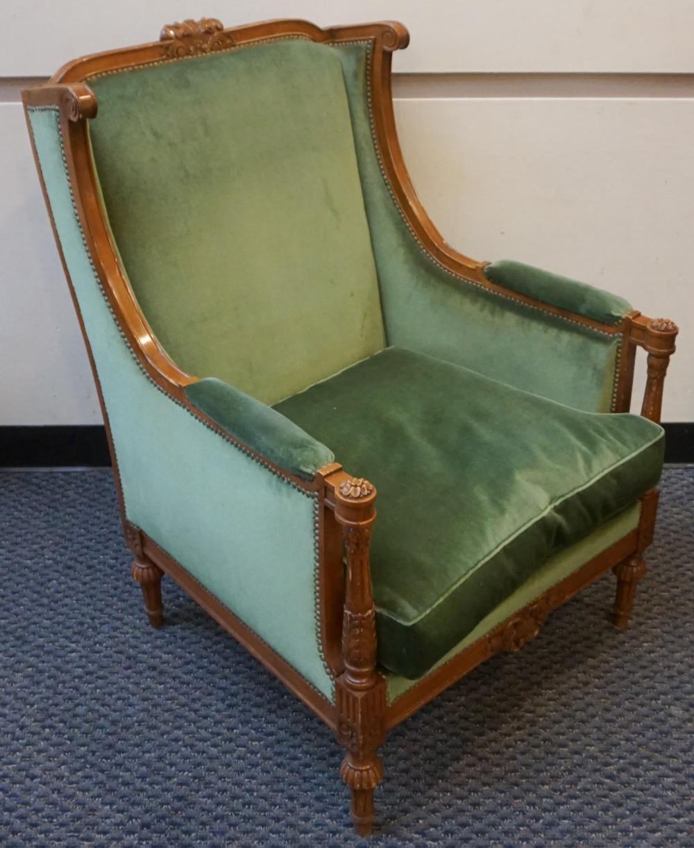 Appraisal: Louis XVI Style Carved Mahogany and Green Velvet Upholstered Bergere