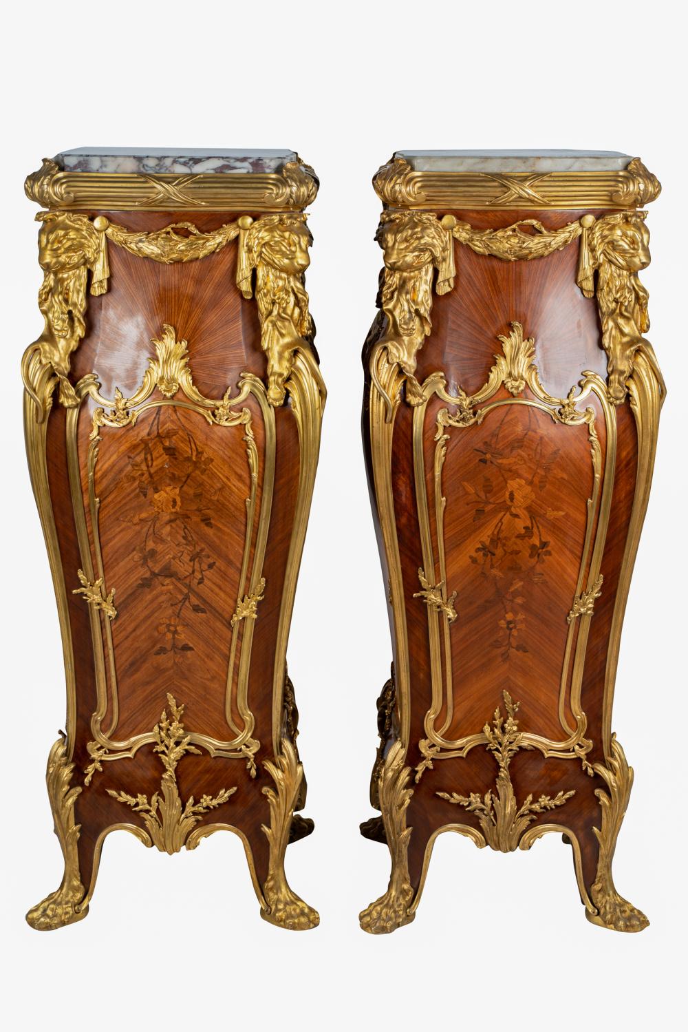 Appraisal: PAIR OF LOUIS XV STYLE GILT BRONZE-MOUNTED PEDESTALSeach with marble