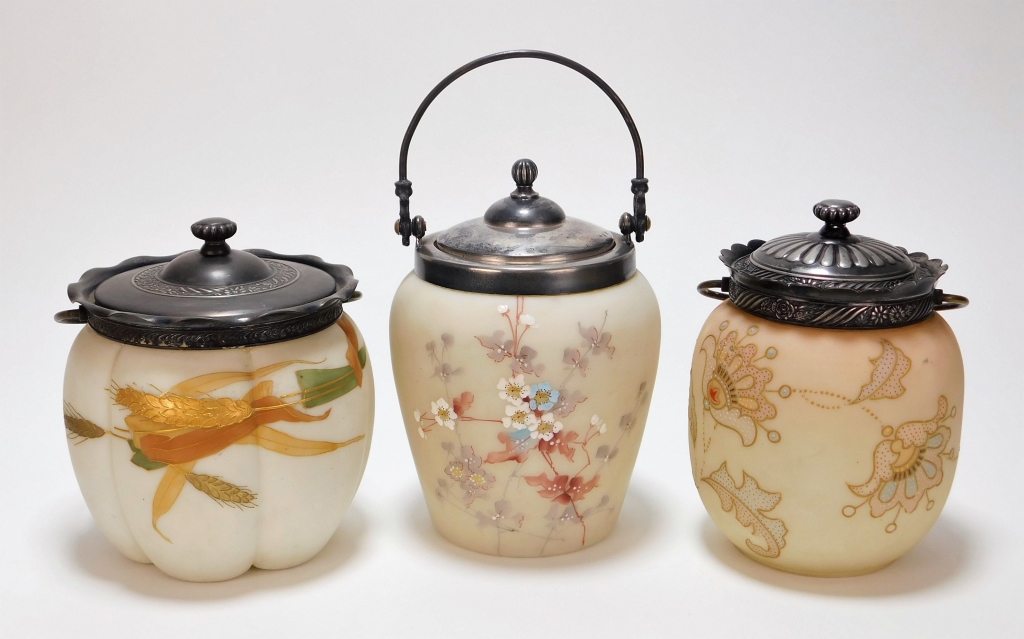 Appraisal: PC VICTORIAN PEACH BLOW ENAMELED BISCUIT JARS United States th